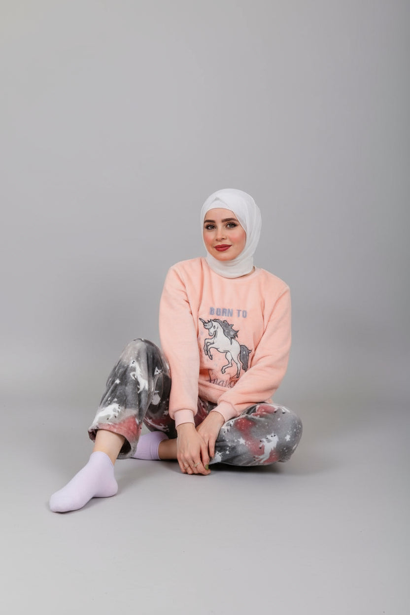 Women’s Polar Pajamas – Born to Sparkle Peach & Grey Unicorn – 10754