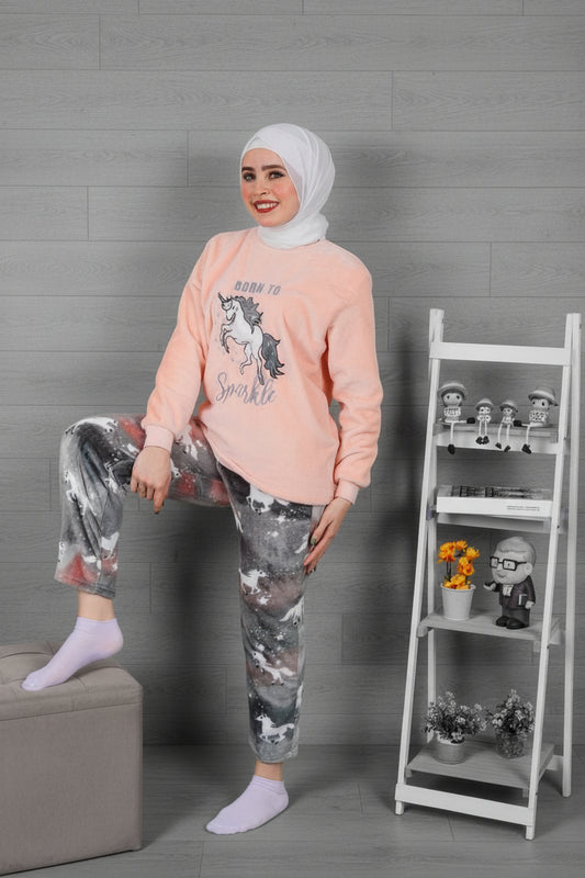 Women’s Polar Pajamas – Born to Sparkle Peach & Grey Unicorn – 10754