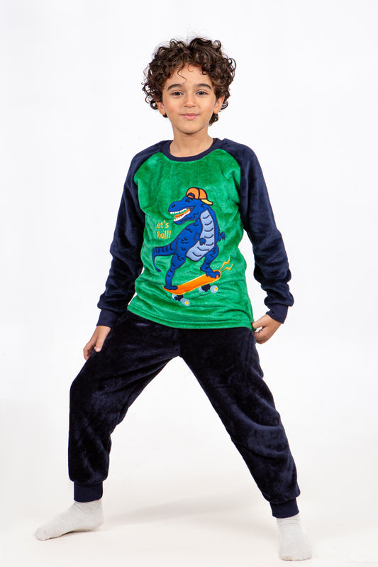 Boys' Polar Pajama – Dinosaur Skateboard – Green/Navy – 10828