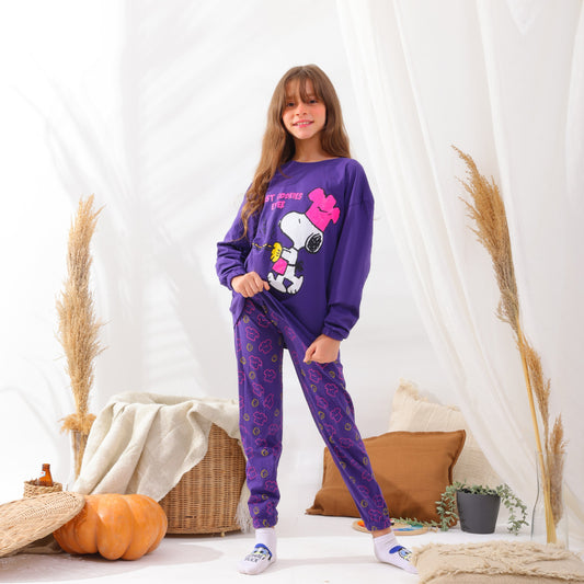 Girls’ Pajama Set – Purple Snoopy Print – 10822