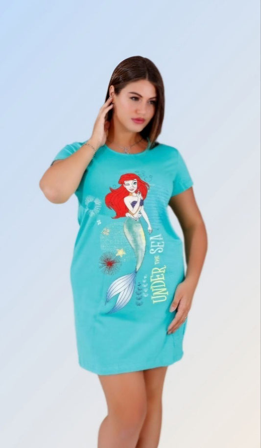 Women’s Cotton Nightshirt – Turquoise Ariel Print – 550