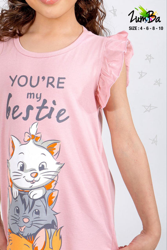 Girls’ Summer Kashat with Cute Print – Light Pink – Code 798