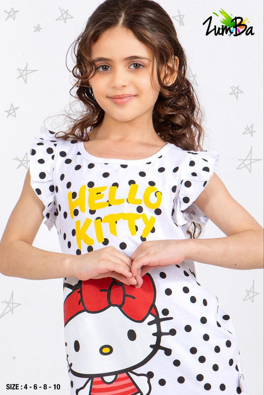 Girls’ Summer Kashat with Hello Kitty Print – White Polka Dots – Code 798