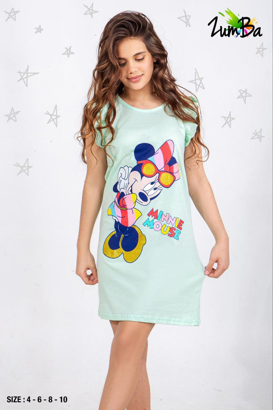 Girls’ Summer Kashat with Minnie Mouse Print – Light Green – Code 798