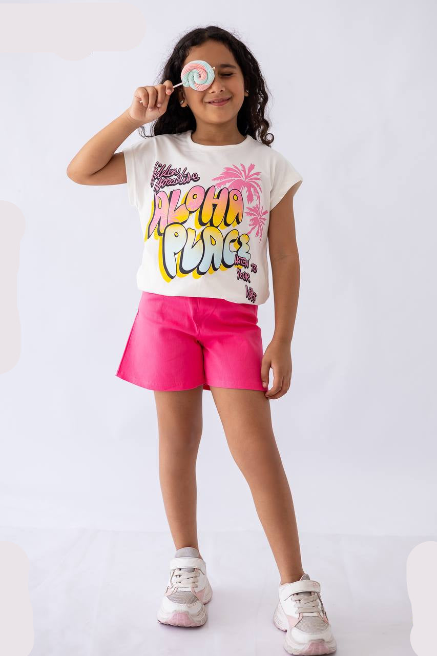 Girls’ T-shirt & Shorts Summer Set – White – 10811 / 10816