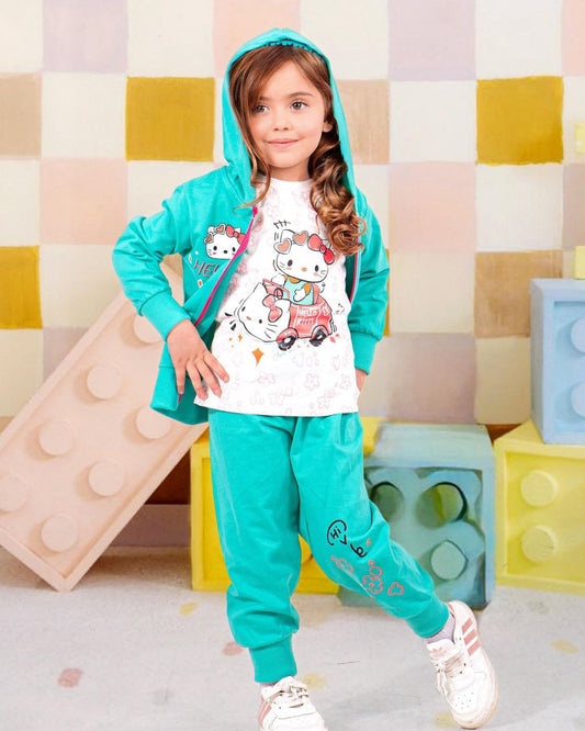 Girls' Autumn 3-Pcs Set – Turquois Kitty – 10849
