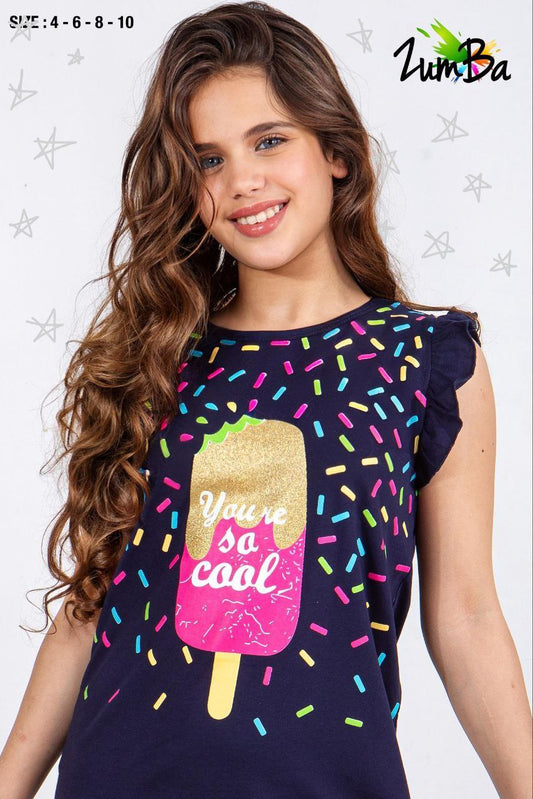 Girls’ Summer Kashat with Colorful Ice Cream Print – Navy Blue – 798