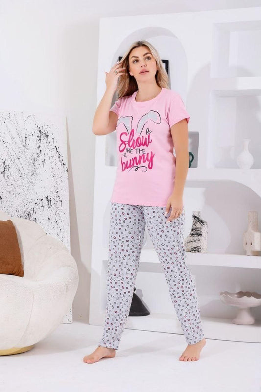 Women’s Cotton Pajama Set – Pink with “Show Me The Bunny” Print – Code 551