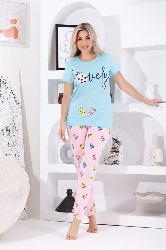 Women’s Cotton Pajama Set – Sky Blue with “Lovely” Print – Code 551