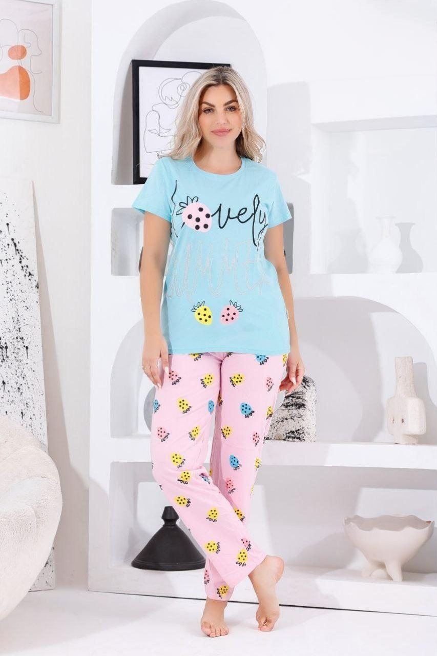 Women’s Cotton Pajama Set – Sky Blue with “Lovely” Print – Code 551