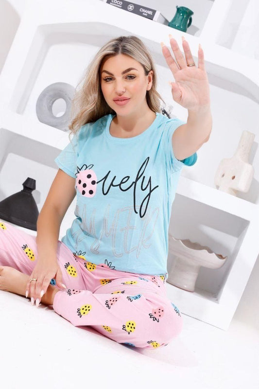 Women’s Cotton Pajama Set – Sky Blue with “Lovely” Print – Code 551