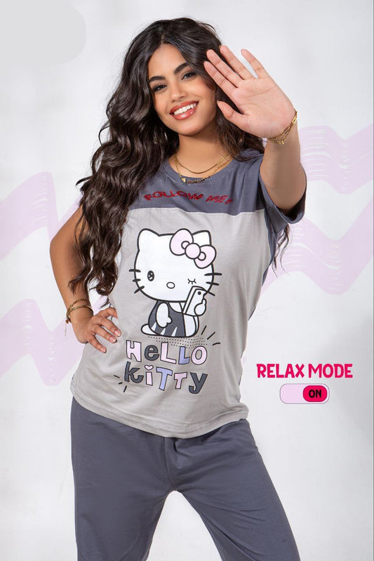 Girls’ Cotton Pajama Set – Gray with Hello Kitty Print – 795