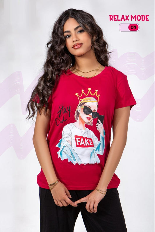 Girls’ Cotton Pajama Set – Red with “FAKE” Print – Code 795