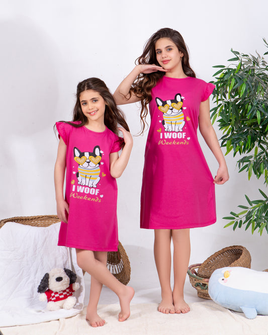 Girls' "I WOOF Weekends" Pink Summer Nightdress – Premium Full Lycra Cotton – 10853