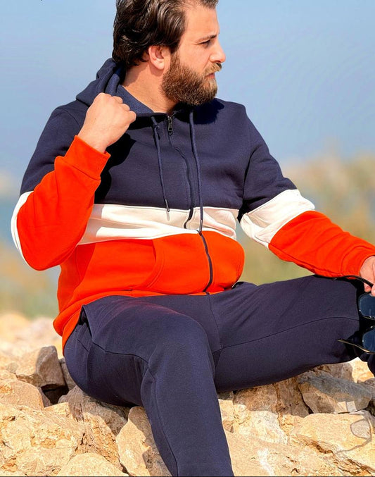 Men's Winter Hoodie Milton set - Orange Navy color block - 10847