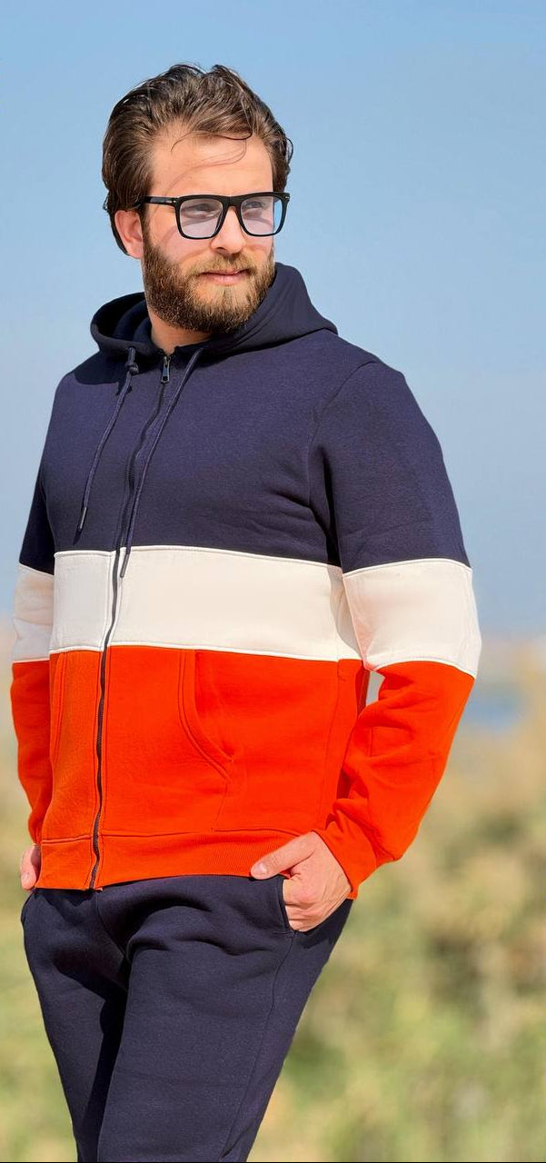 Men's Winter Hoodie Milton set - Orange Navy color block - 10847