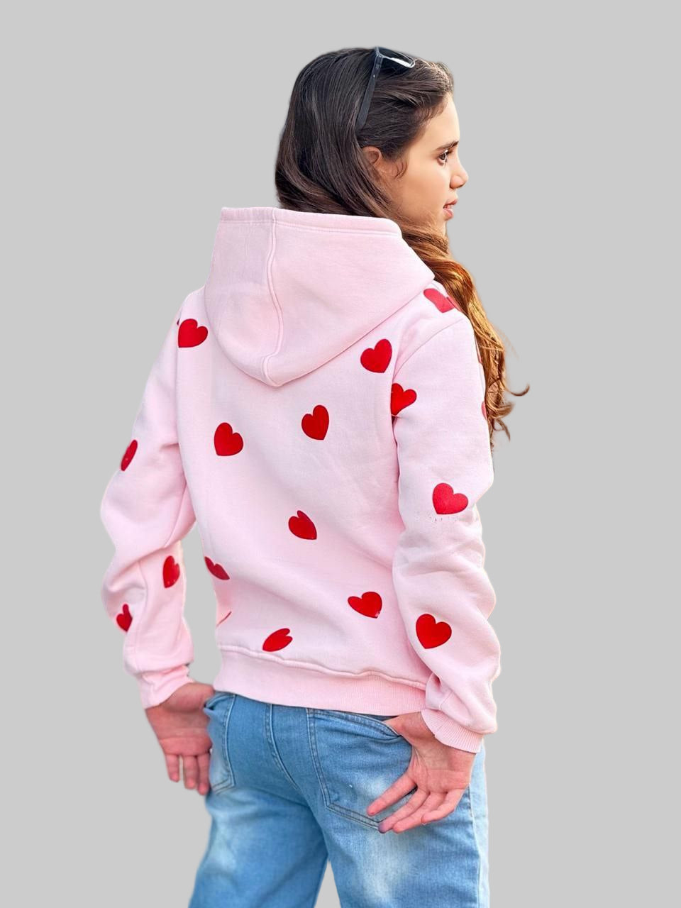 Casual Girls Winter Set  – Pink Heart Print Cotton Hoodie & Wide Leg Jeans