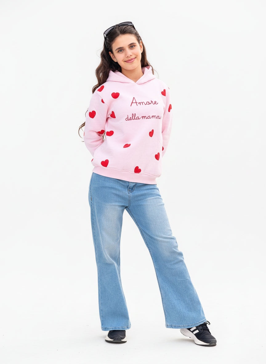 Casual Girls Winter Set  – Pink Heart Print Cotton Hoodie & Wide Leg Jeans