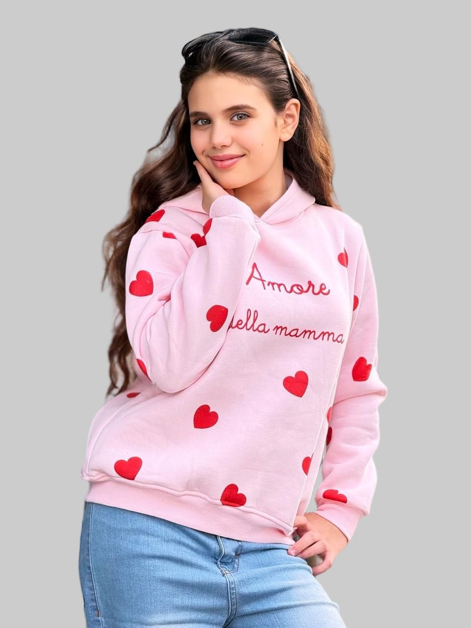 Casual Girls Winter Set  – Pink Heart Print Cotton Hoodie & Wide Leg Jeans