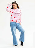Casual Girls Winter Set  – Pink Heart Print Cotton Hoodie & Wide Leg Jeans