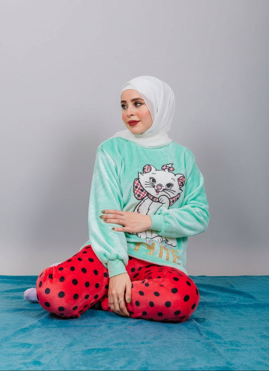 Women’s Polar Pajamas – Totally Cute Mint Cat  – 10754