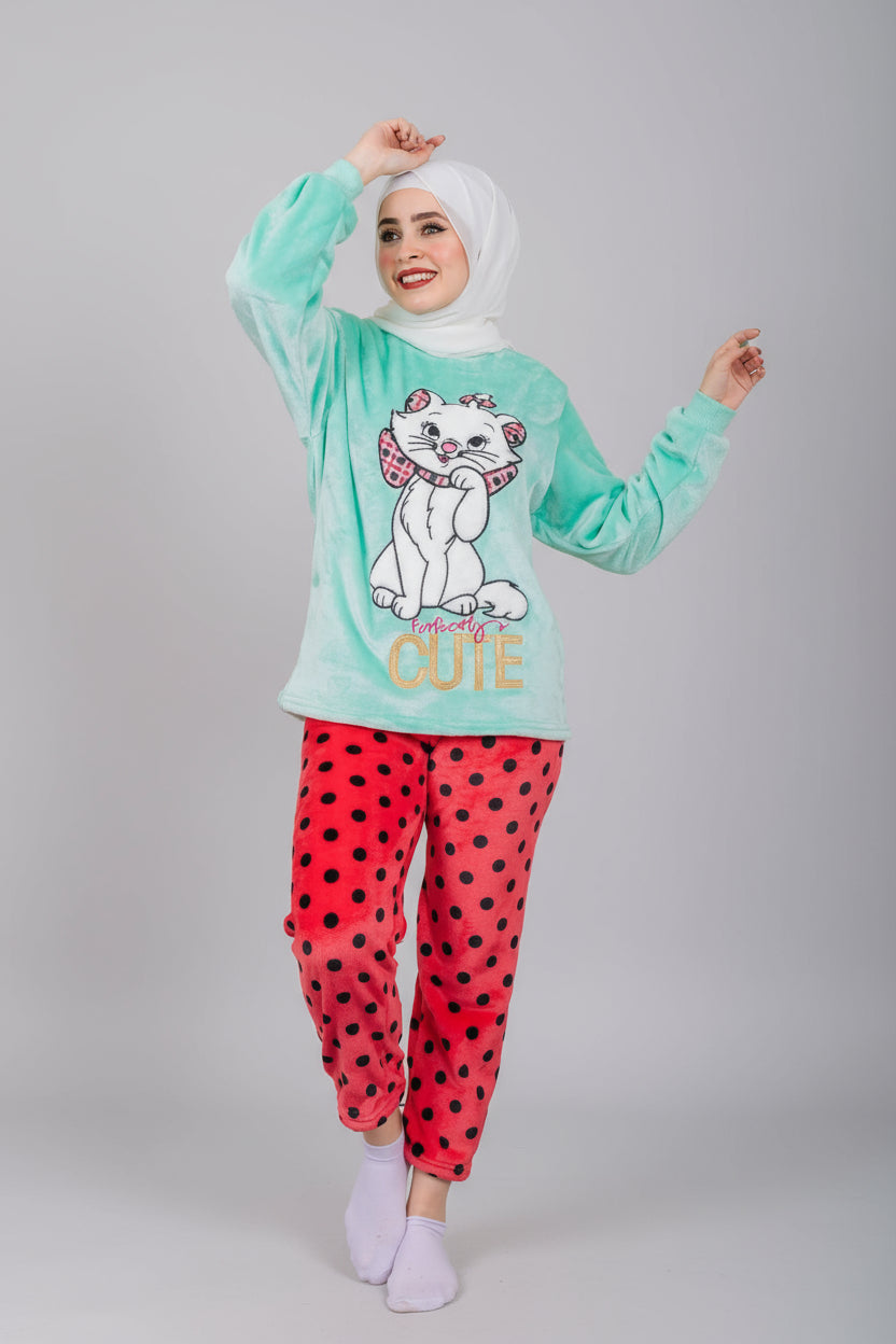 Women’s Polar Pajamas – Totally Cute Mint Cat  – 10754