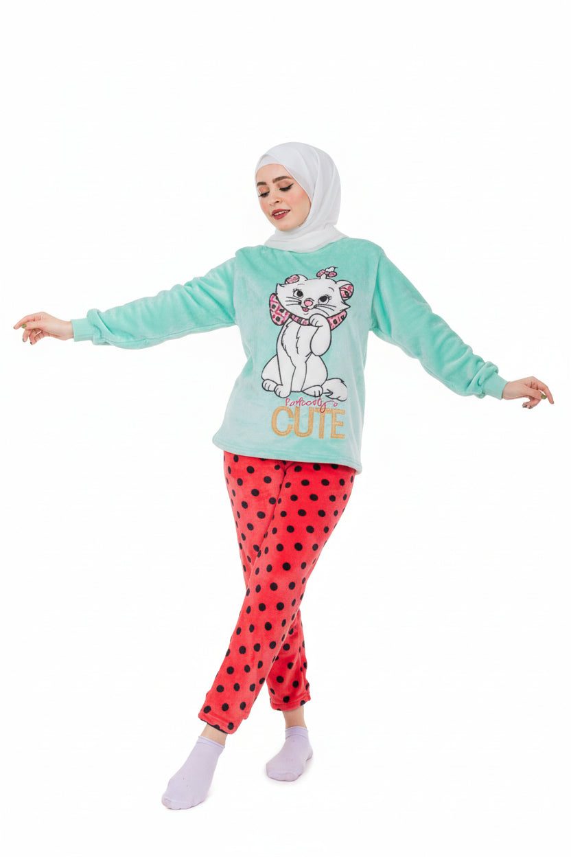 Women’s Polar Pajamas – Totally Cute Mint Cat  – 10754