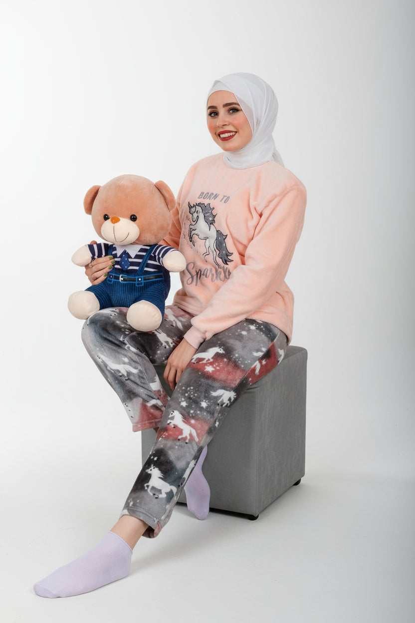Women’s Polar Pajamas – Born to Sparkle Peach & Grey Unicorn  – 10754