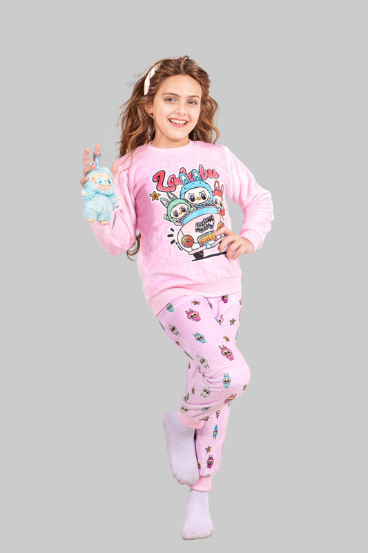 Girls' - Printed Polar - Pink Cartoon - 10834