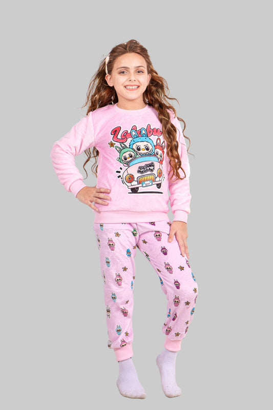 Girls' - Printed Polar - Pink Cartoon - 10834