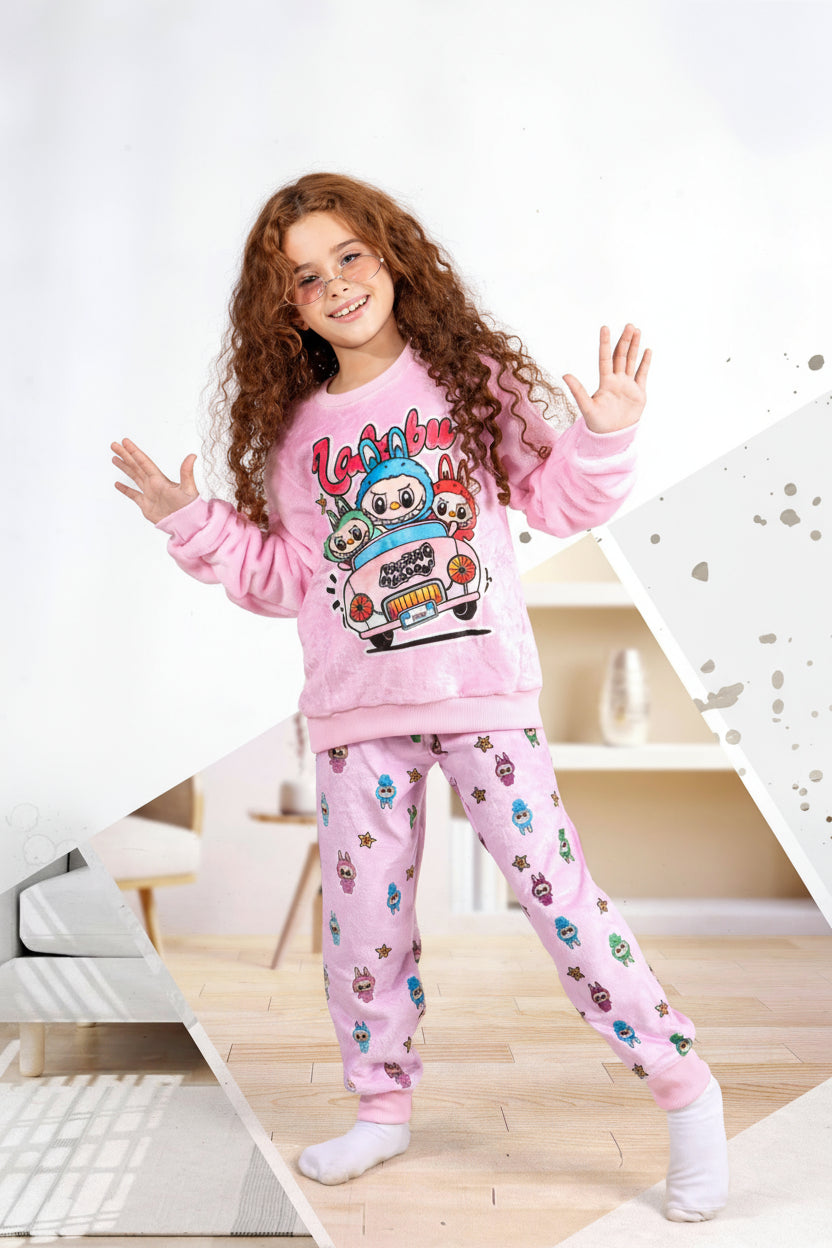 Girls' - Printed Polar - Pink Cartoon - 10834