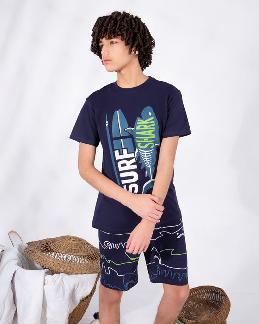Boys’ Summer Cotton Pajama – Navy Surf Shark – 10855