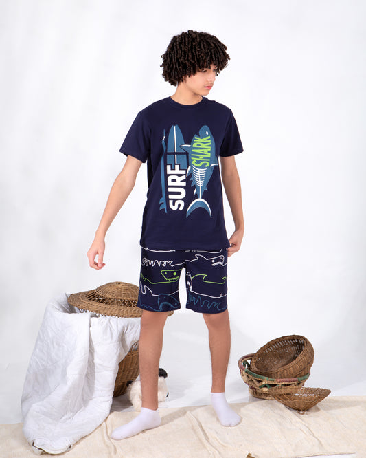 Boys’ Summer Cotton Pajama – Navy Surf Shark – 10855