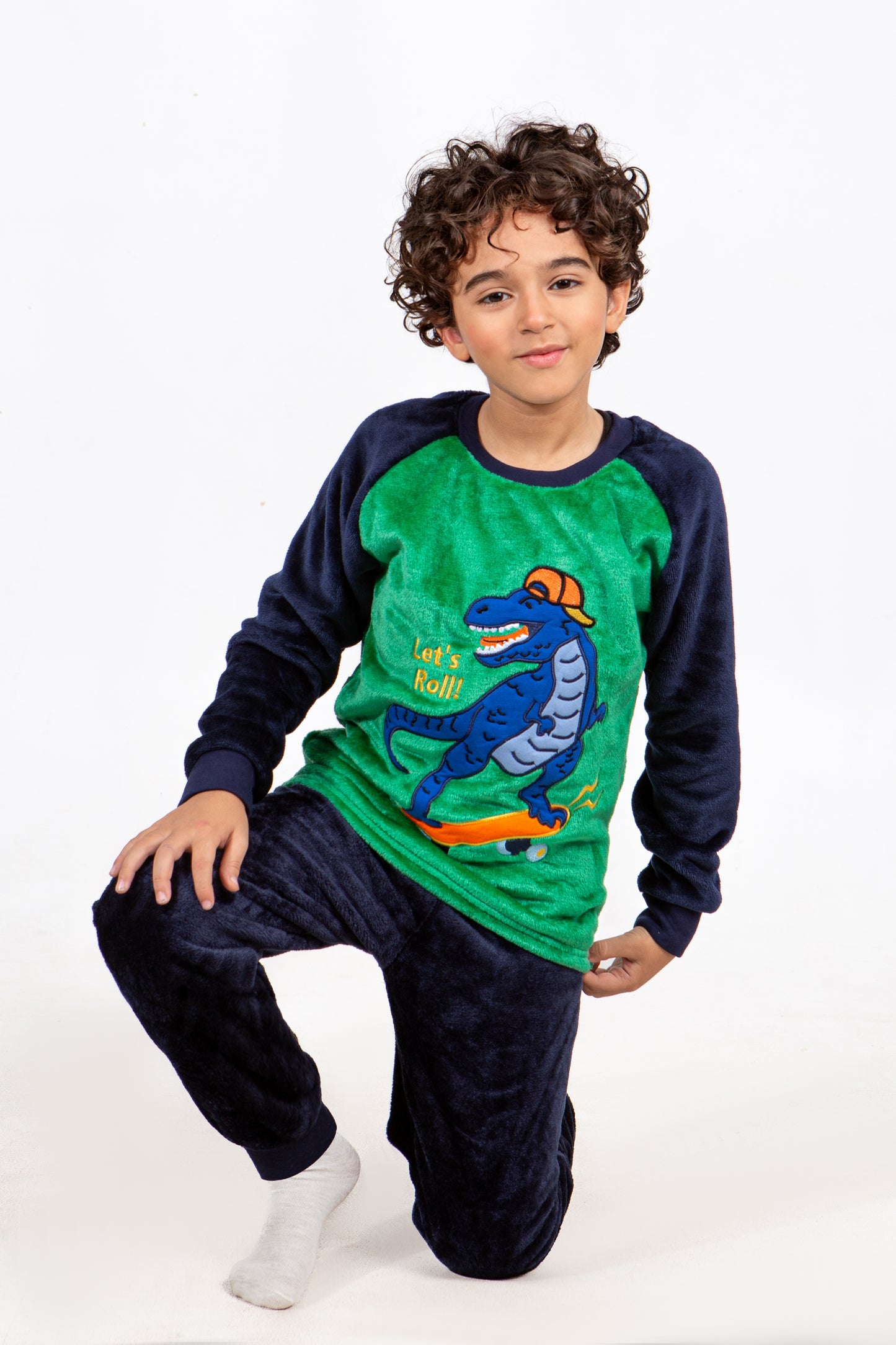 Boys' Polar Pajama – Dinosaur Skateboard – Green/Navy – 10828