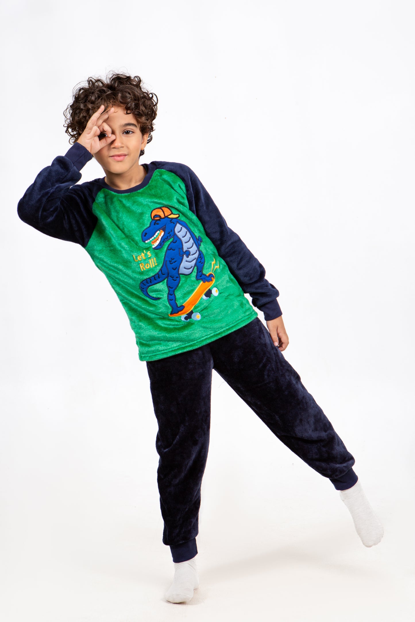 Boys' Polar Pajama – Dinosaur Skateboard – Green/Navy – 10828
