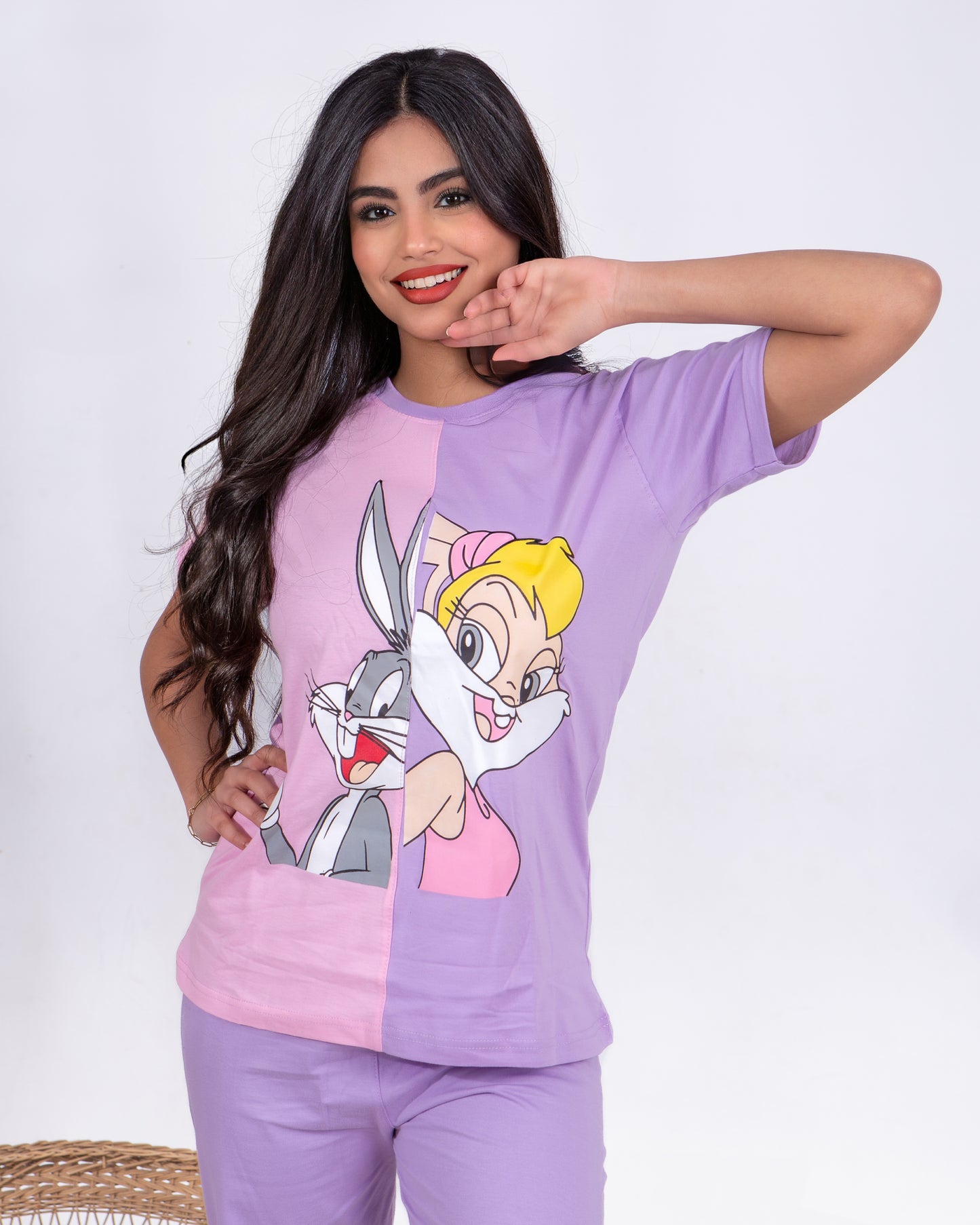 Girls’ Summer Cotton Pajama – Tee and Pants – Pink Purple Bunny – 10852