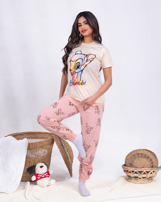 Girls’ Summer Cotton Pajama – Tee and Pants – Bambi – 10852