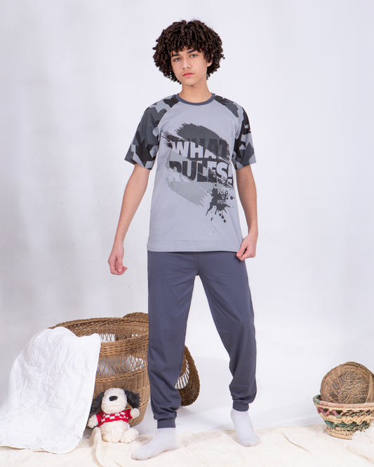 Boys’ Summer Cotton Pajama – Tee and Pants – Gray Camo – 10852