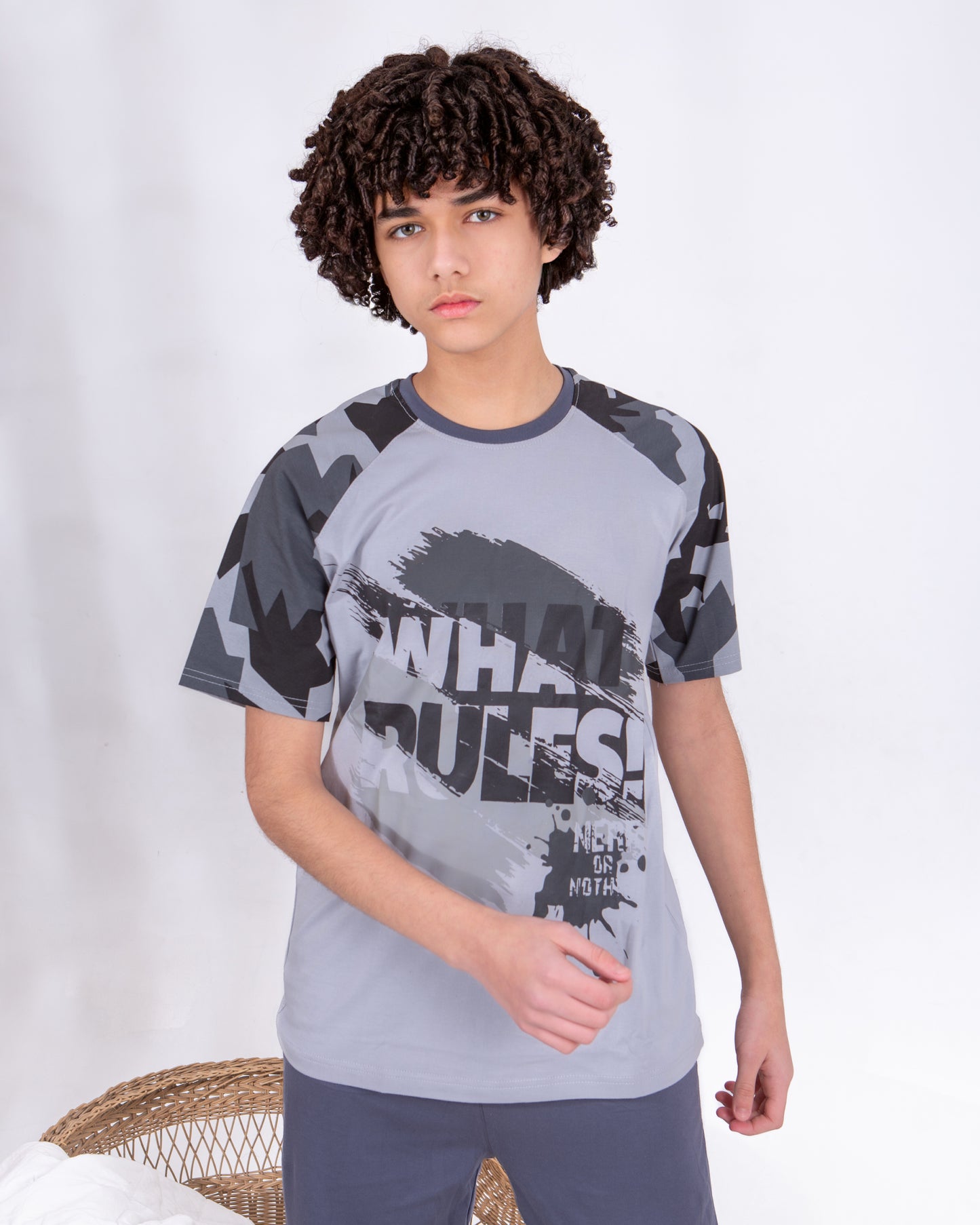 Boys’ Summer Cotton Pajama – Tee and Pants – Gray Camo – 10852
