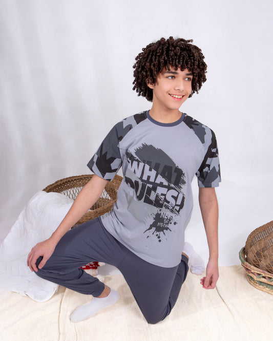 Boys’ Summer Cotton Pajama – Tee and Pants – Gray Camo – 10852