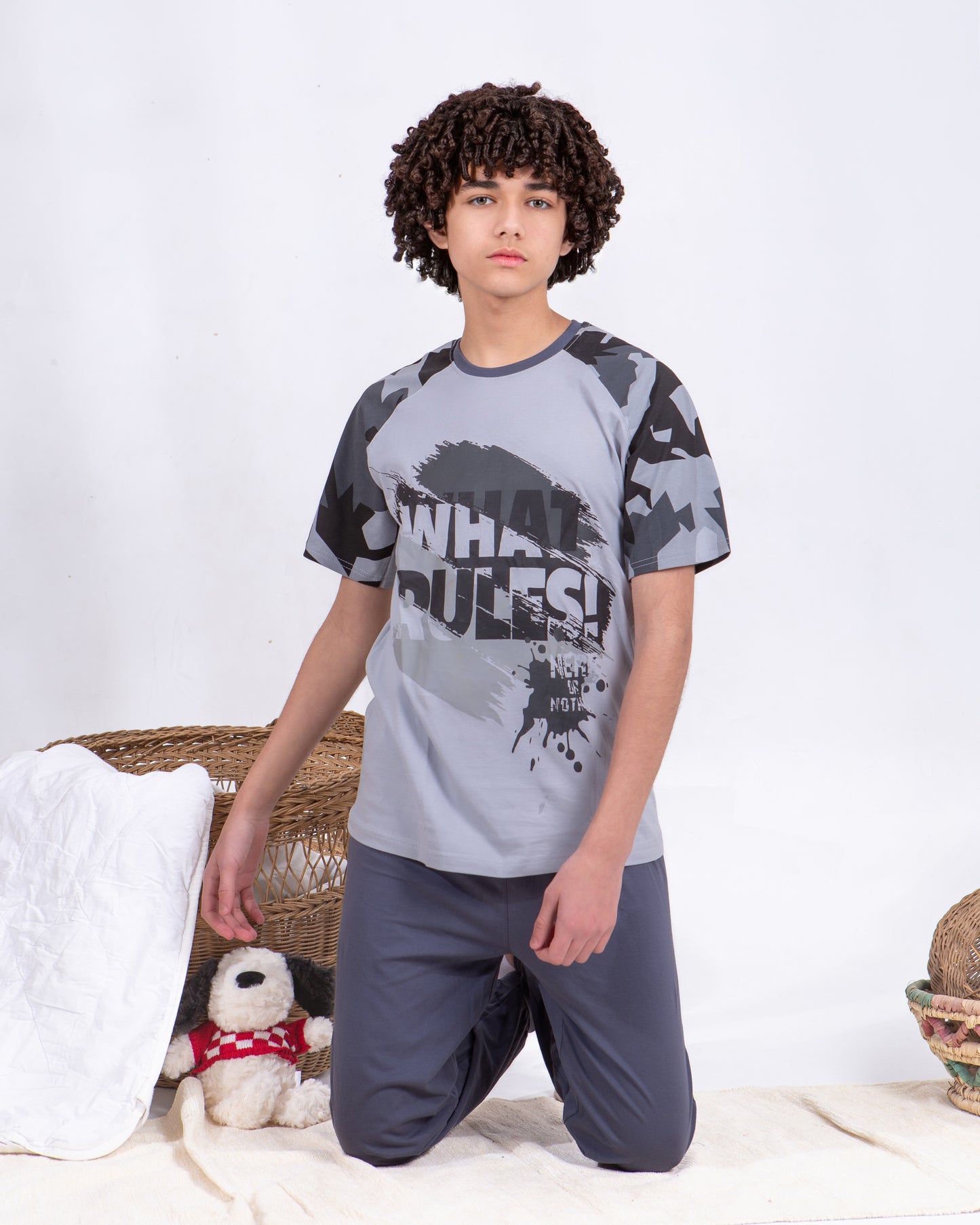 Boys’ Summer Cotton Pajama – Tee and Pants – Gray Camo – 10852