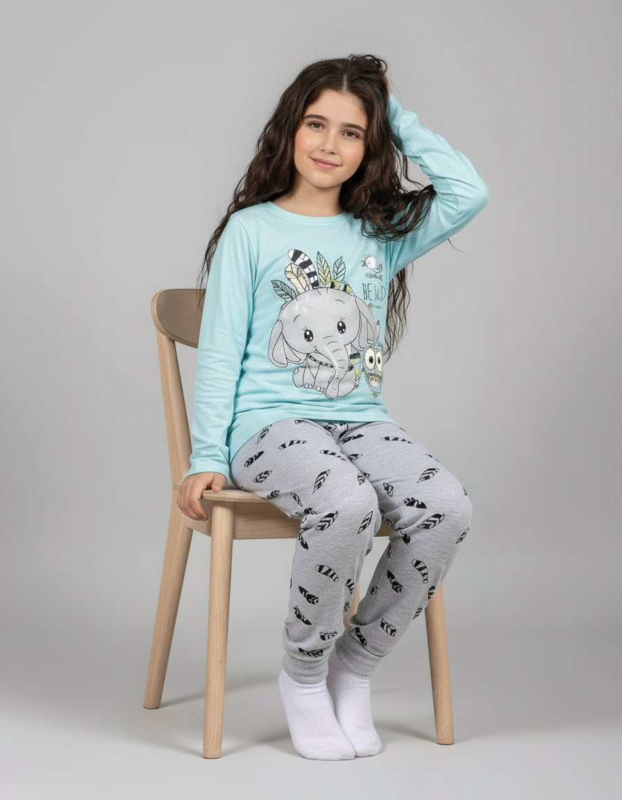 Girls’ Elephant & Owl Cotton Pajama Set – 10835
