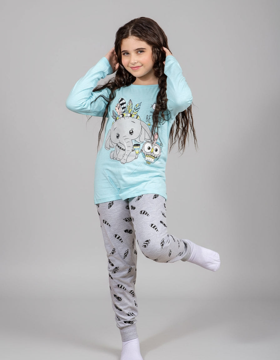 Girls’ Elephant & Owl Cotton Pajama Set – 10835