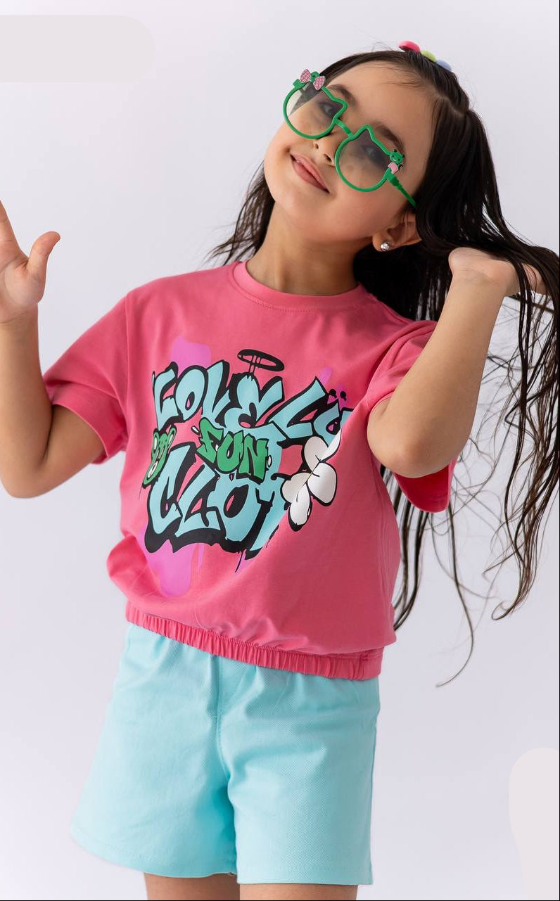Girls’ T-shirt & Shorts Summer Set – Pink  – 10811 / 10816
