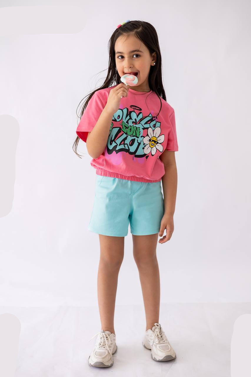 Girls’ T-shirt & Shorts Summer Set – Pink  – 10811 / 10816