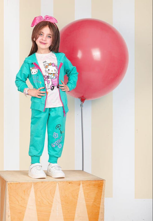 Girls' Autumn 3-Pcs Set – Turquois Kitty – 10849
