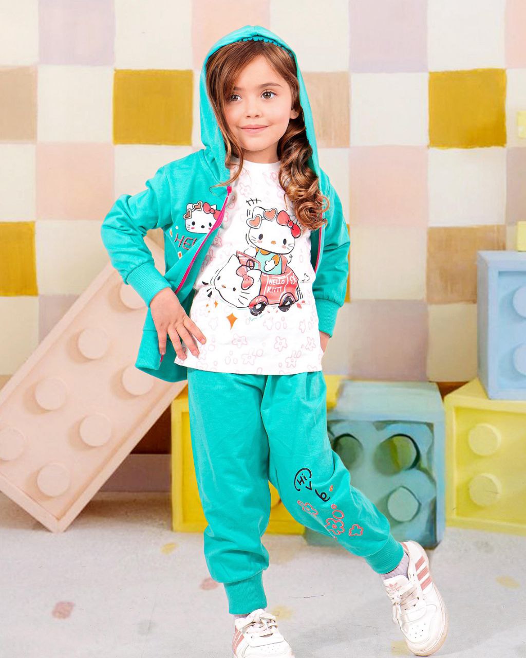 Girls' Autumn 3-Pcs Set – Turquois Kitty – 10849