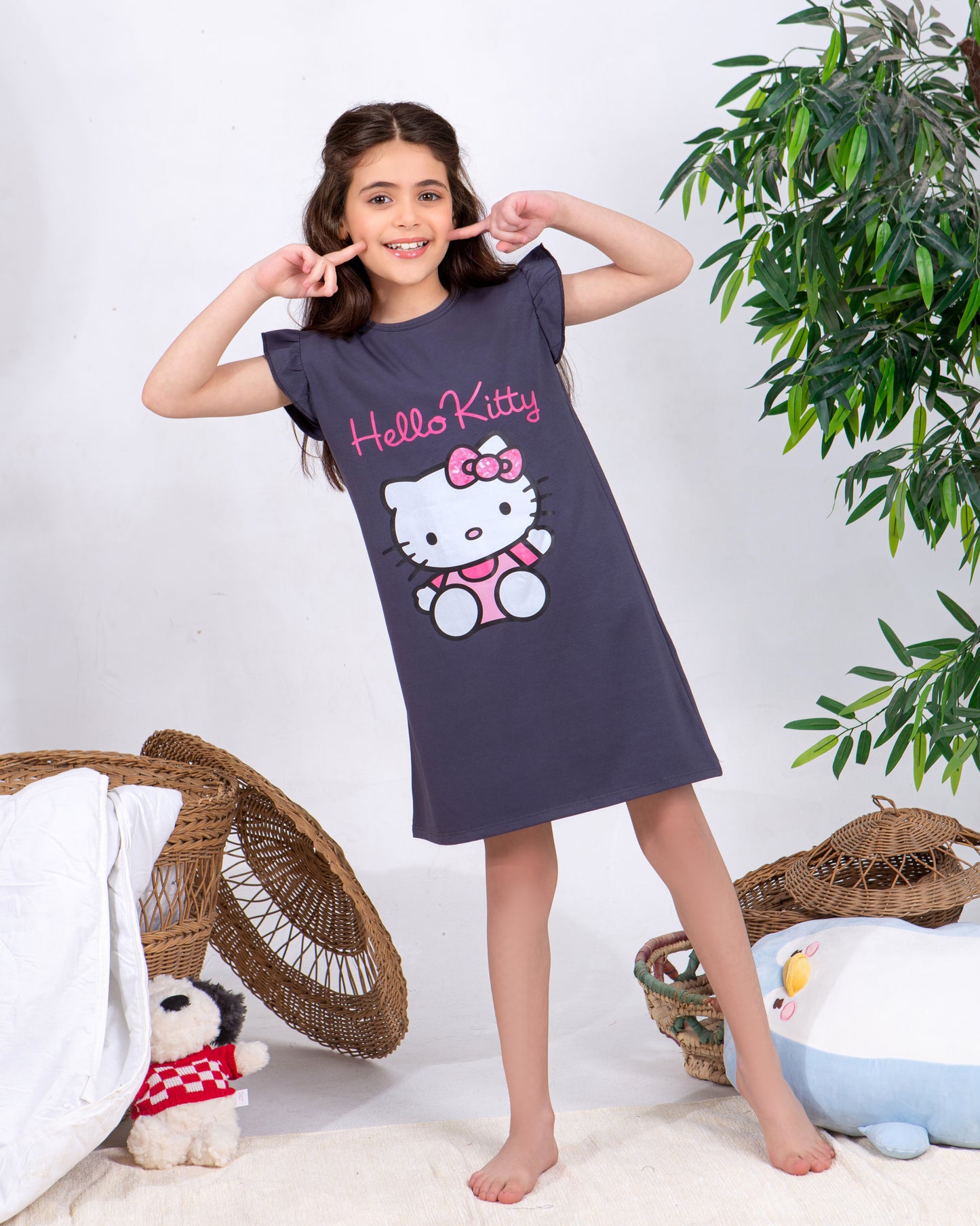 Girls' Hello Kitty Charcoal Summer Nightdress – Premium Full Lycra Cotton – 10853