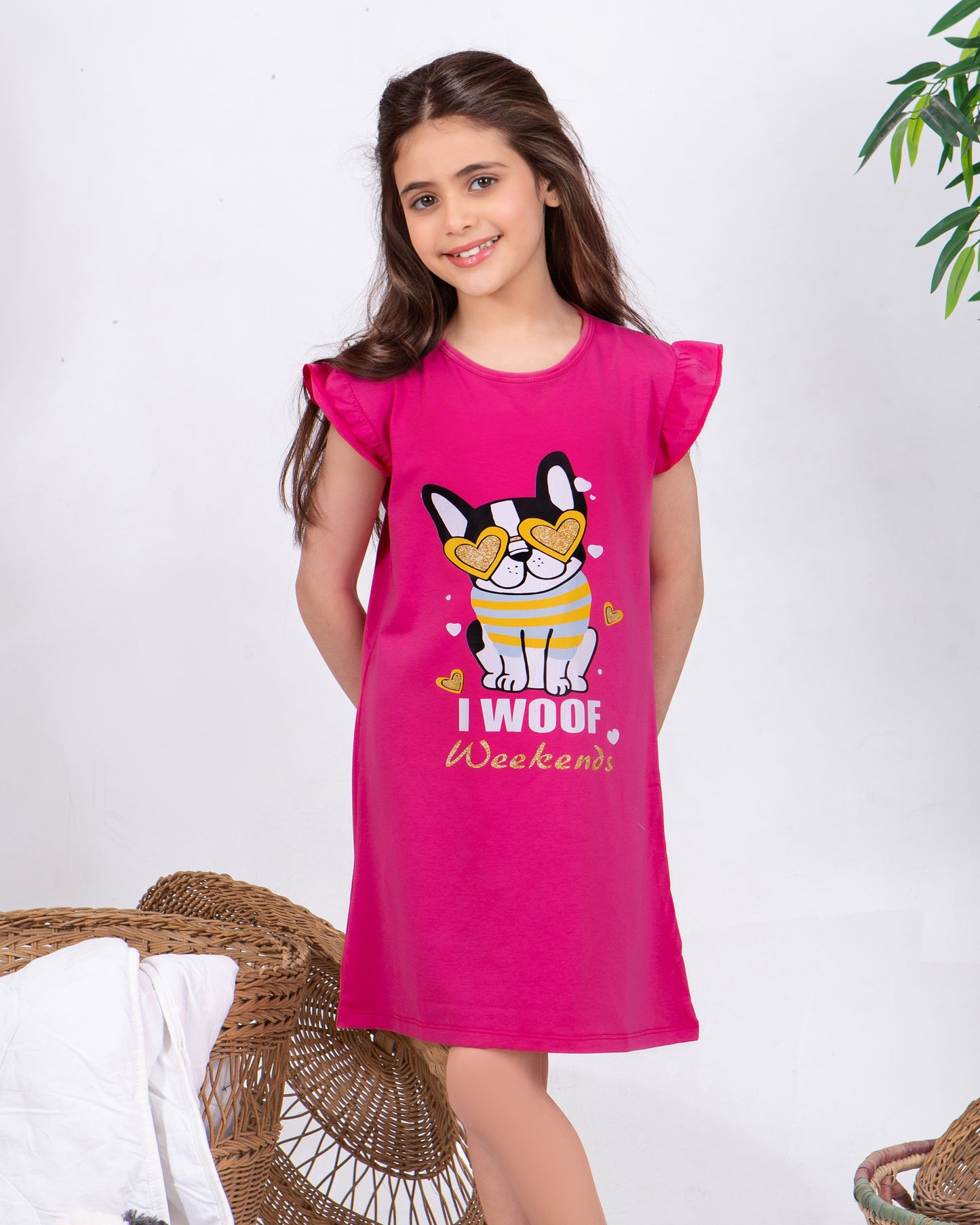 Girls' "I WOOF Weekends" Pink Summer Nightdress – Premium Full Lycra Cotton – 10853