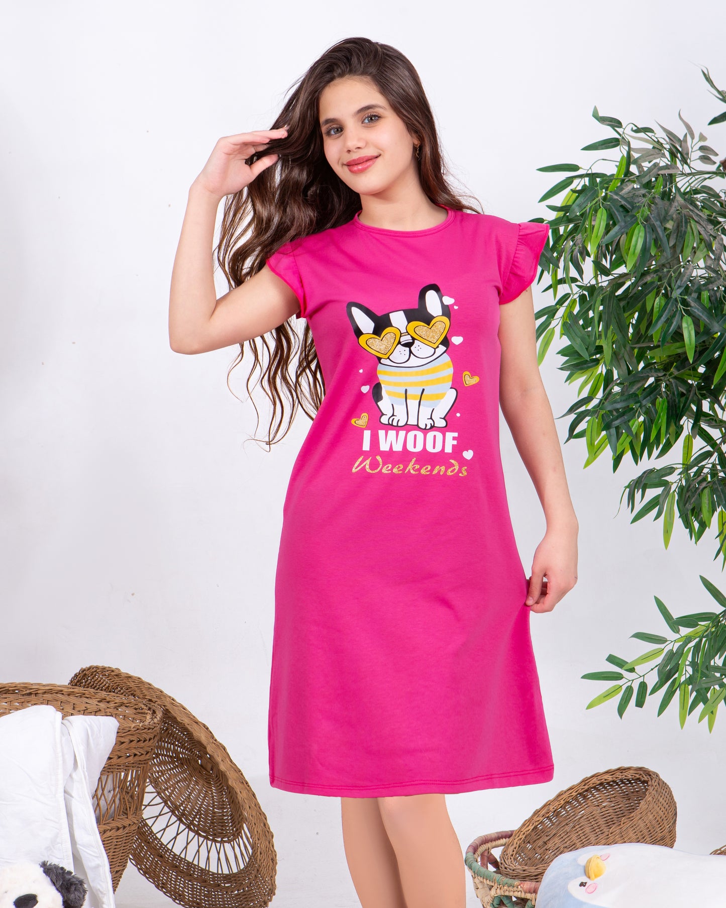 Girls' "I WOOF Weekends" Pink Summer Nightdress – Premium Full Lycra Cotton – 10853